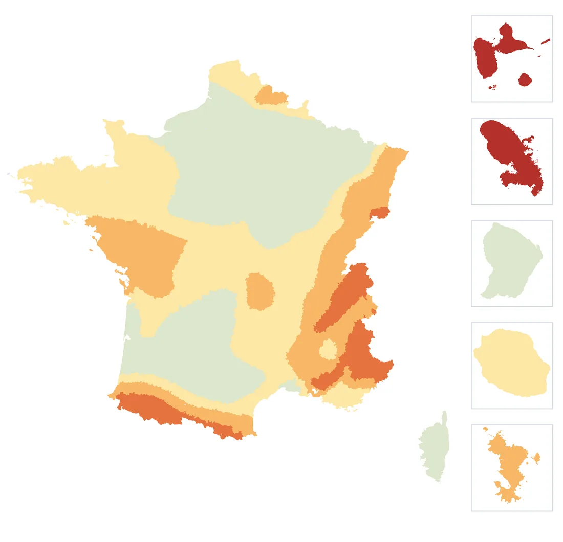 Carte des zones sismiques de France par commune, métropole et départements d'outre-mer